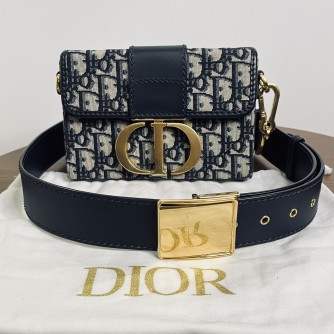 CHRISTIAN DIOR 30 Montaigne Box Bag in Blue Oblique Jacquard with Shoulder Strap – Antique Gold Hardware (Year 2020)