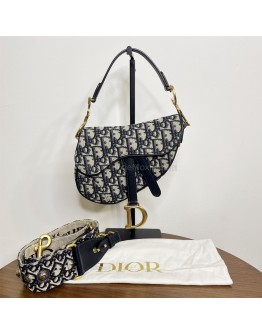 CHRISTIAN DIOR Mini Saddle Bag in Blue Oblique Jacquard with Embroidered Strap – Antique Gold Hardware (Year 2018)
