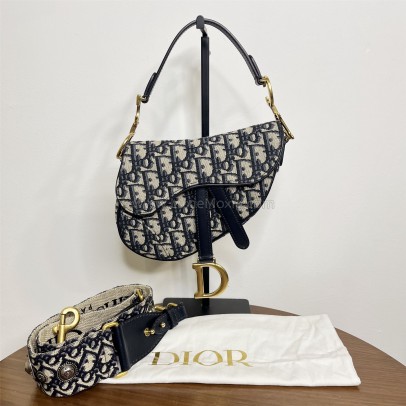 CHRISTIAN DIOR Mini Saddle Bag in Blue Oblique Jacquard with Embroidered Strap – Antique Gold Hardware (Year 2018)