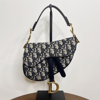CHRISTIAN DIOR Mini Saddle Bag in Blue Oblique Jacquard with Embroidered Strap – Antique Gold Hardware (Year 2018)