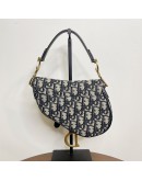CHRISTIAN DIOR Mini Saddle Bag in Blue Oblique Jacquard with Embroidered Strap – Antique Gold Hardware (Year 2018)