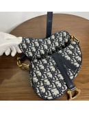 CHRISTIAN DIOR Mini Saddle Bag in Blue Oblique Jacquard with Embroidered Strap – Antique Gold Hardware (Year 2018)