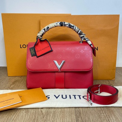 LOUIS VUITTON Very One Handle Bag Monogram Leather in Rubis with Shoulder Strap – SHW (Year 2018) [tied with original LV Silk Twilly]