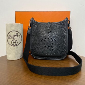 HERMES Mini Evelyne 16 in Noir Taurillon Clemence with Shoulder Strap – PHW (Stamp D – Year 2019)