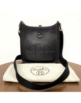 HERMES Mini Evelyne 16 in Noir Taurillon Clemence with Shoulder Strap – PHW (Stamp D – Year 2019)