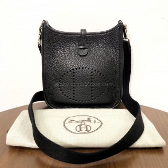 HERMES Mini Evelyne 16 in Noir Taurillon Clemence with Shoulder Strap – PHW (Stamp D – Year 2019)