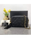 CHANEL Vintage Small Camera Bag with CC Logo & Fringe in Black Lambskin – GHW