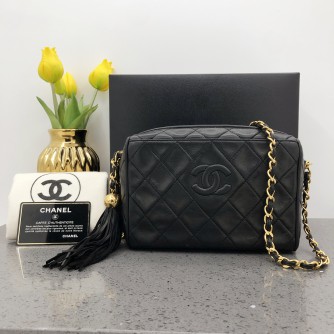 CHANEL Vintage Small Camera Bag with CC Logo & Fringe in Black Lambskin – GHW