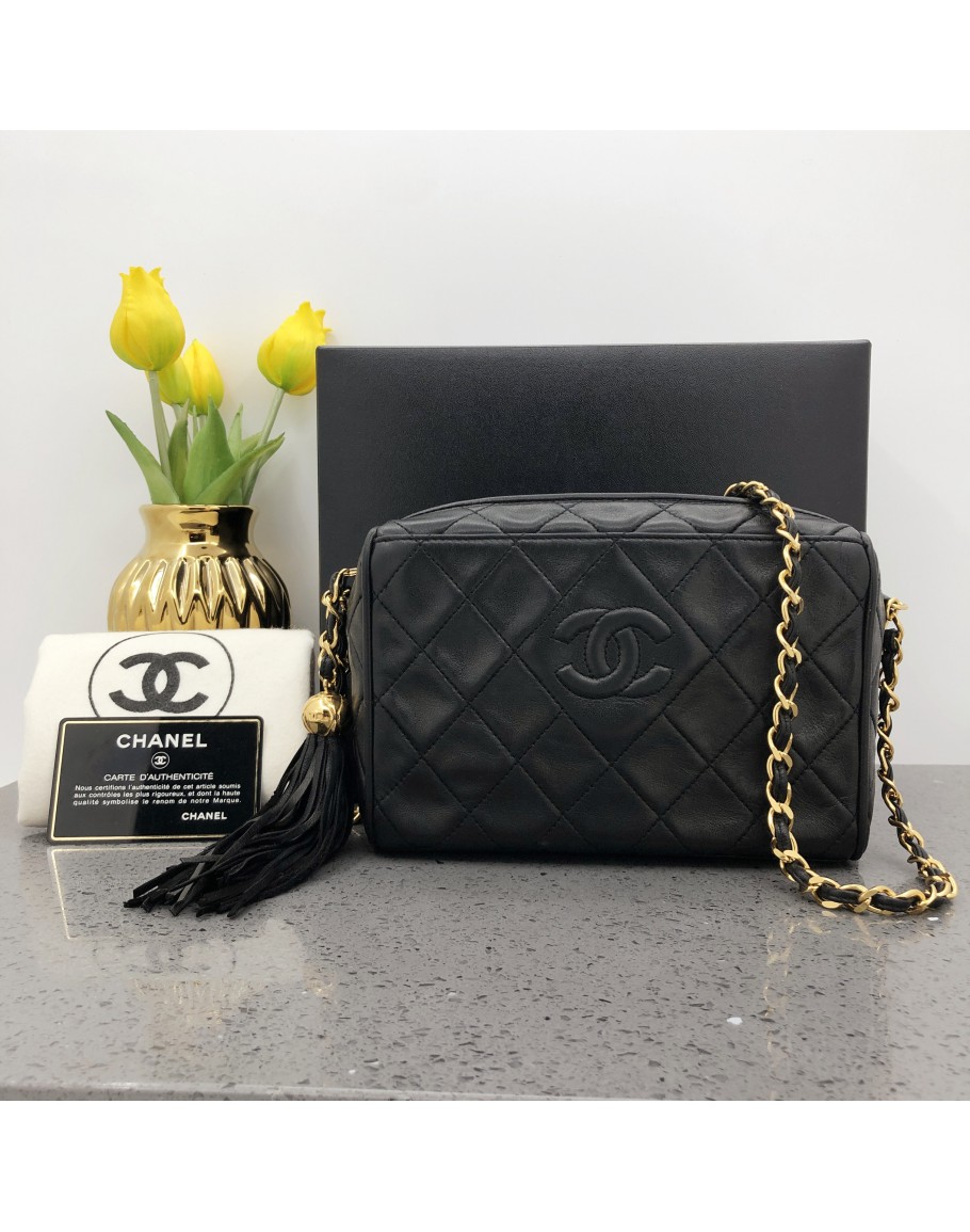 CHANEL Vintage Small Camera Bag with CC Logo & Fringe in Black Lambskin –  GHW