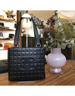 CHANEL Vintage CC Logo Choco Bar Small Tote Bag in Black Calfskin - GHW (7 Series)