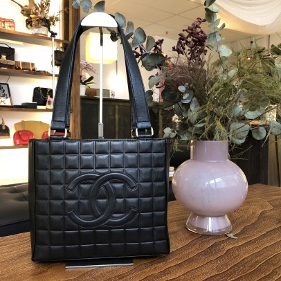CHANEL Vintage CC Logo Choco Bar Small Tote Bag in Black Calfskin - GHW (7 Series)