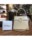 SALVATORE FERRAGAMO Small Gancini Kelly Handbag with Shoulder Strap in Beige Box Calf Leather – GHW