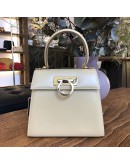 SALVATORE FERRAGAMO Small Gancini Kelly Handbag with Shoulder Strap in Beige Box Calf Leather – GHW