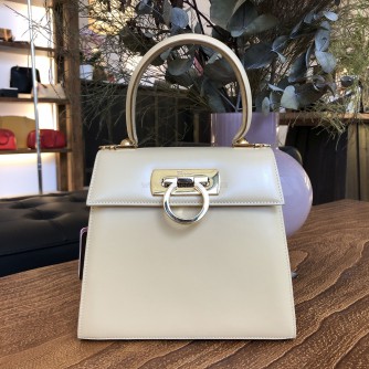 SALVATORE FERRAGAMO Small Gancini Kelly Handbag with Shoulder Strap in Beige Box Calf Leather – GHW