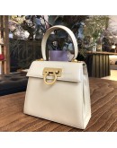 SALVATORE FERRAGAMO Small Gancini Kelly Handbag with Shoulder Strap in Beige Box Calf Leather – GHW