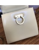 SALVATORE FERRAGAMO Small Gancini Kelly Handbag with Shoulder Strap in Beige Box Calf Leather – GHW