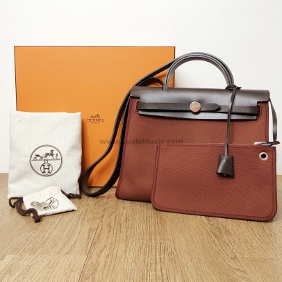 HERMES Herbag PM 31 Maroon Canvas with Dark Brown Calfskin Leather & PHW – Shoulder Bag Type (Stamp Square R – Year 2014)