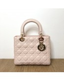 CHRISTIAN DIOR Medium Lady Dior Handbag with Shoulder Strap in Light Pink Cannage Lambskin – GHW