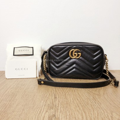 GUCCI GG Marmont Mini Camera Bag in Black Matelasse Chevron Leather – GHW