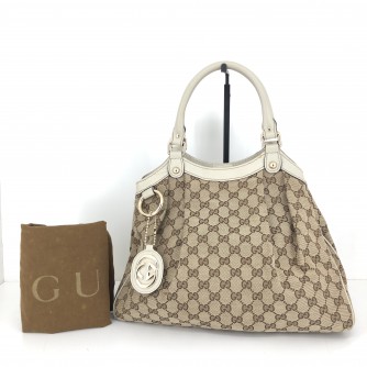 GUCCI GG Canvas in Beige Leather Shoulder Tote Bag - GHW