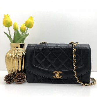 Vintage Chanel Small Diana Fringe Camera Bag Black Lambskin Gold