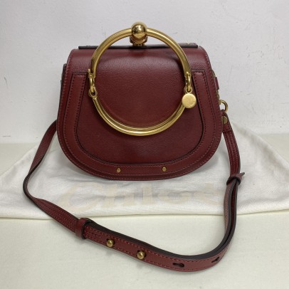 CHLOE Small Nile Bracelet Bag in Maroon Calfskin Leather with Shoulder Bag – Aged Gold Hardware