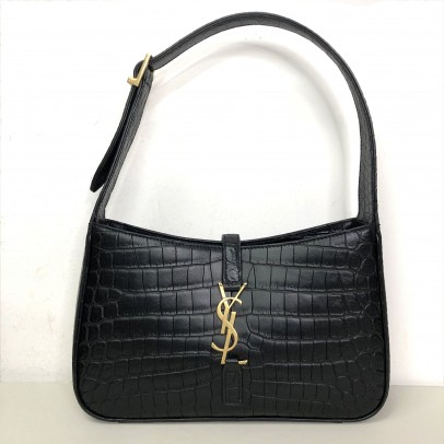 YVES SAINT LAURENT LE 5 A 7 Hobo in Black Crocodile Embossed Shiny Leather – GHW