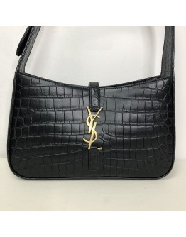 YVES SAINT LAURENT LE 5 A 7 Hobo in Black Crocodile Embossed Shiny Leather – GHW