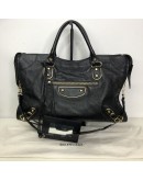BALENCIAGA Medium Classic City Handbag with Shoulder Strap in Black Arena Lambskin – GHW (Recoloured)