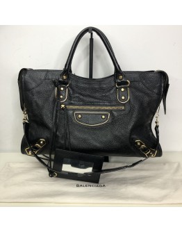 BALENCIAGA Medium Classic City Handbag with Shoulder Strap in Black Arena Lambskin – GHW (Recoloured)