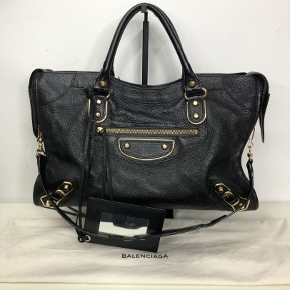 BALENCIAGA Medium Classic City Handbag with Shoulder Strap in Black Arena Lambskin – GHW (Recoloured)