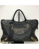 BALENCIAGA Medium Classic City Handbag with Shoulder Strap in Black Arena Lambskin – GHW (Recoloured)