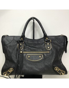 BALENCIAGA Medium Classic City Handbag with Shoulder Strap in Black Arena Lambskin – GHW (Recoloured)