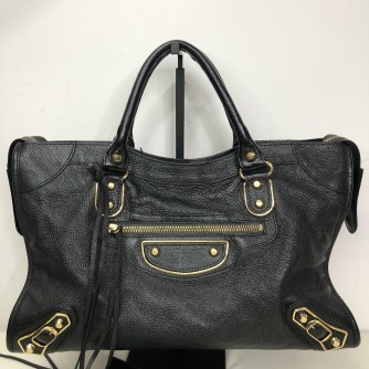 BALENCIAGA Medium Classic City Handbag with Shoulder Strap in Black Arena Lambskin – GHW (Recoloured)