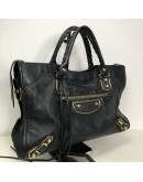 BALENCIAGA Medium Classic City Handbag with Shoulder Strap in Black Arena Lambskin – GHW (Recoloured)