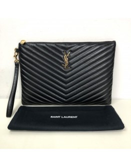 YVES SAINT LAURENT Monogram Chevron Quilted Clutch in Black Calfskin – GHW