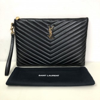 YVES SAINT LAURENT Monogram Chevron Quilted Clutch in Black Calfskin – GHW