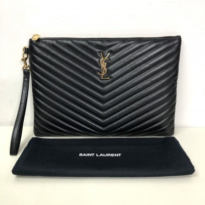 YVES SAINT LAURENT Monogram Chevron Quilted Clutch in Black Calfskin – GHW