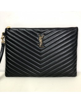 YVES SAINT LAURENT Monogram Chevron Quilted Clutch in Black Calfskin – GHW