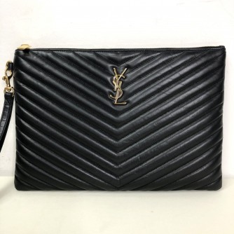 YVES SAINT LAURENT Monogram Chevron Quilted Clutch in Black Calfskin – GHW