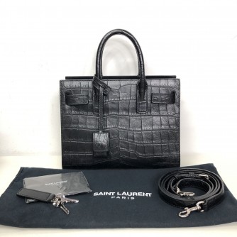 YVES SAINT LAURENT Sac De Jour Handbag with Shoulder Strap in Black Crocodile Embossed Leather – SHW
