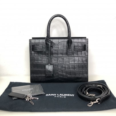 YVES SAINT LAURENT Sac De Jour Handbag with Shoulder Strap in Black Crocodile Embossed Leather – SHW