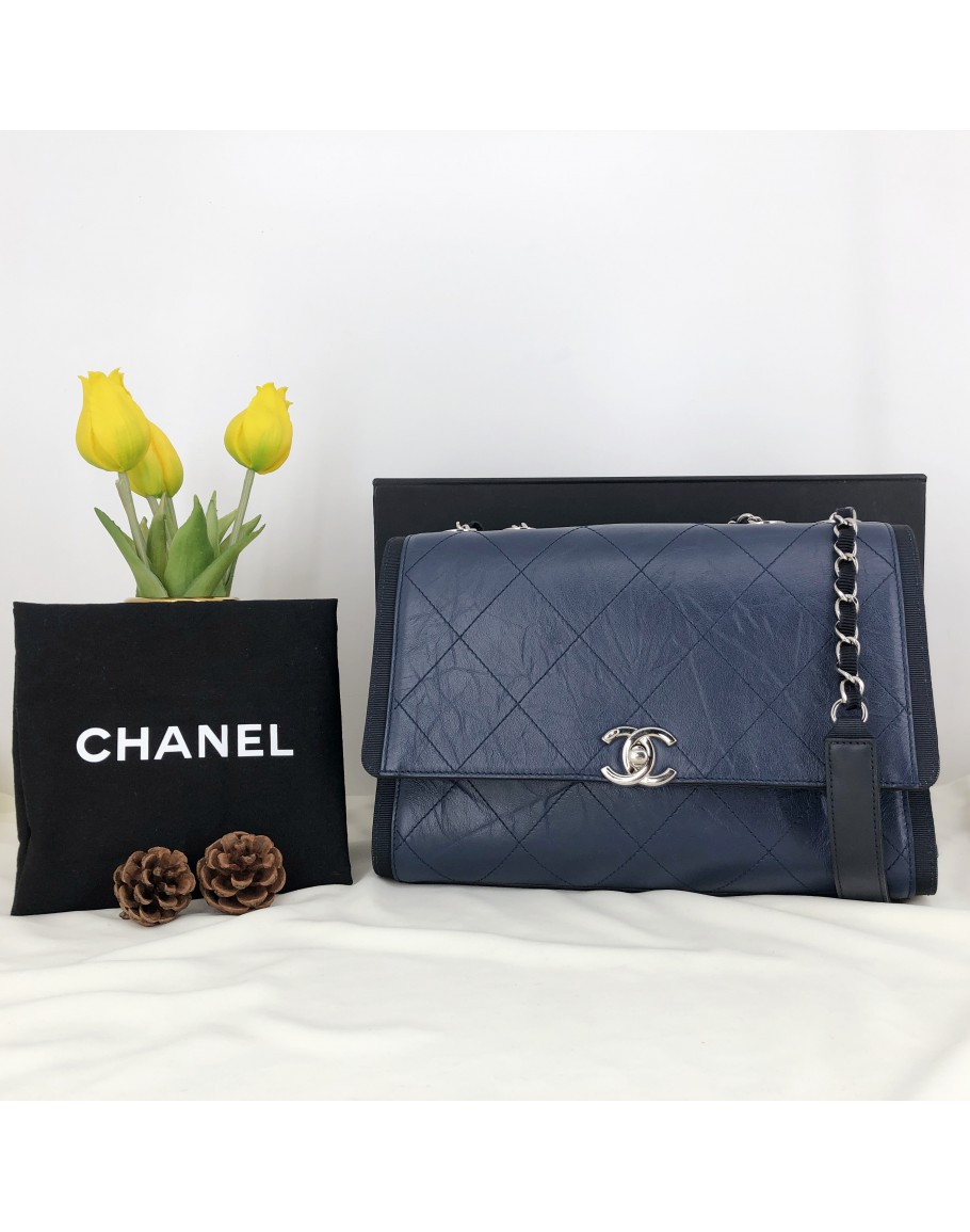 Chanel Old Medium Chevron Boy Blue Calfskin with Brushed Gold