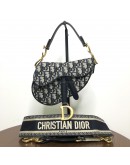 CHRISTIAN DIOR Mini Saddle Bag in Blue Oblique Jacquard with Embroidered Strap – Antique Gold Hardware