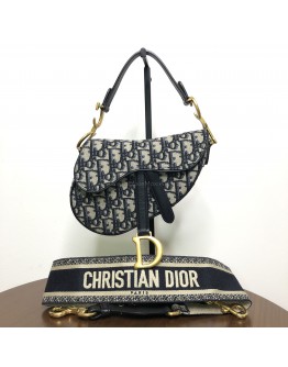 CHRISTIAN DIOR Mini Saddle Bag in Blue Oblique Jacquard with Embroidered Strap – Antique Gold Hardware