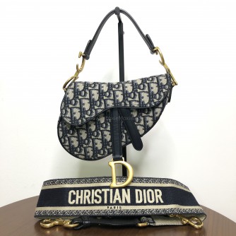 CHRISTIAN DIOR Mini Saddle Bag in Blue Oblique Jacquard with Embroidered Strap – Antique Gold Hardware