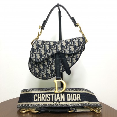 CHRISTIAN DIOR Mini Saddle Bag in Blue Oblique Jacquard with Embroidered Strap – Antique Gold Hardware