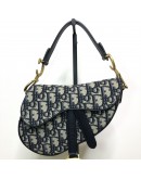 CHRISTIAN DIOR Mini Saddle Bag in Blue Oblique Jacquard with Embroidered Strap – Antique Gold Hardware