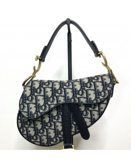 CHRISTIAN DIOR Mini Saddle Bag in Blue Oblique Jacquard with Embroidered Strap – Antique Gold Hardware