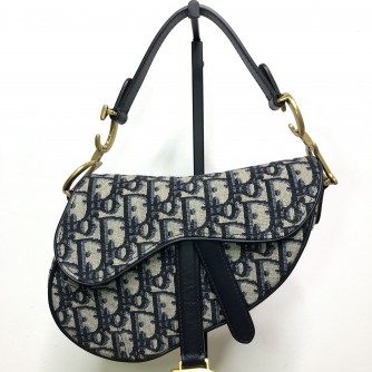 CHRISTIAN DIOR Mini Saddle Bag in Blue Oblique Jacquard with Embroidered Strap – Antique Gold Hardware